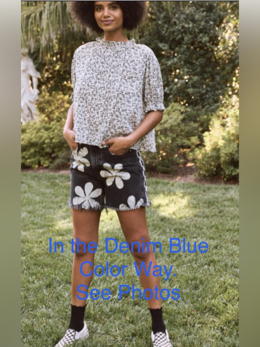 THE GREAT. Blue Denim Shorts with the Checkerboard Back and Daisy Front